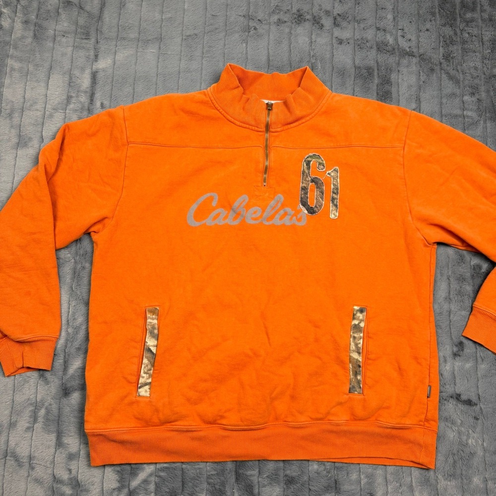 Cabelas Mens 2XL Blaze Orange Quarter Zip Fleece Sweatshirt Camo 61 7417